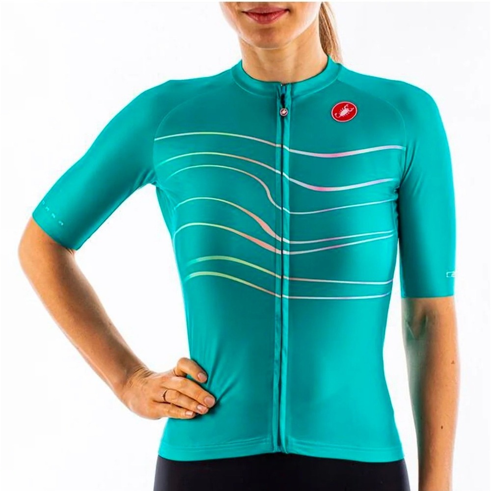Castelli Aero Pro Womens XL Cycling Jersey Teal Green Rainbow Wave Full Zip